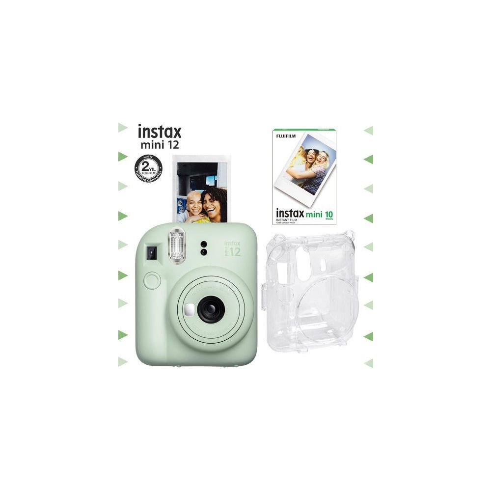 Instax Mini 12 Yeşil 10'lu Film Şeffaf Kılıf ve Fotoğraf Makinesi Seti