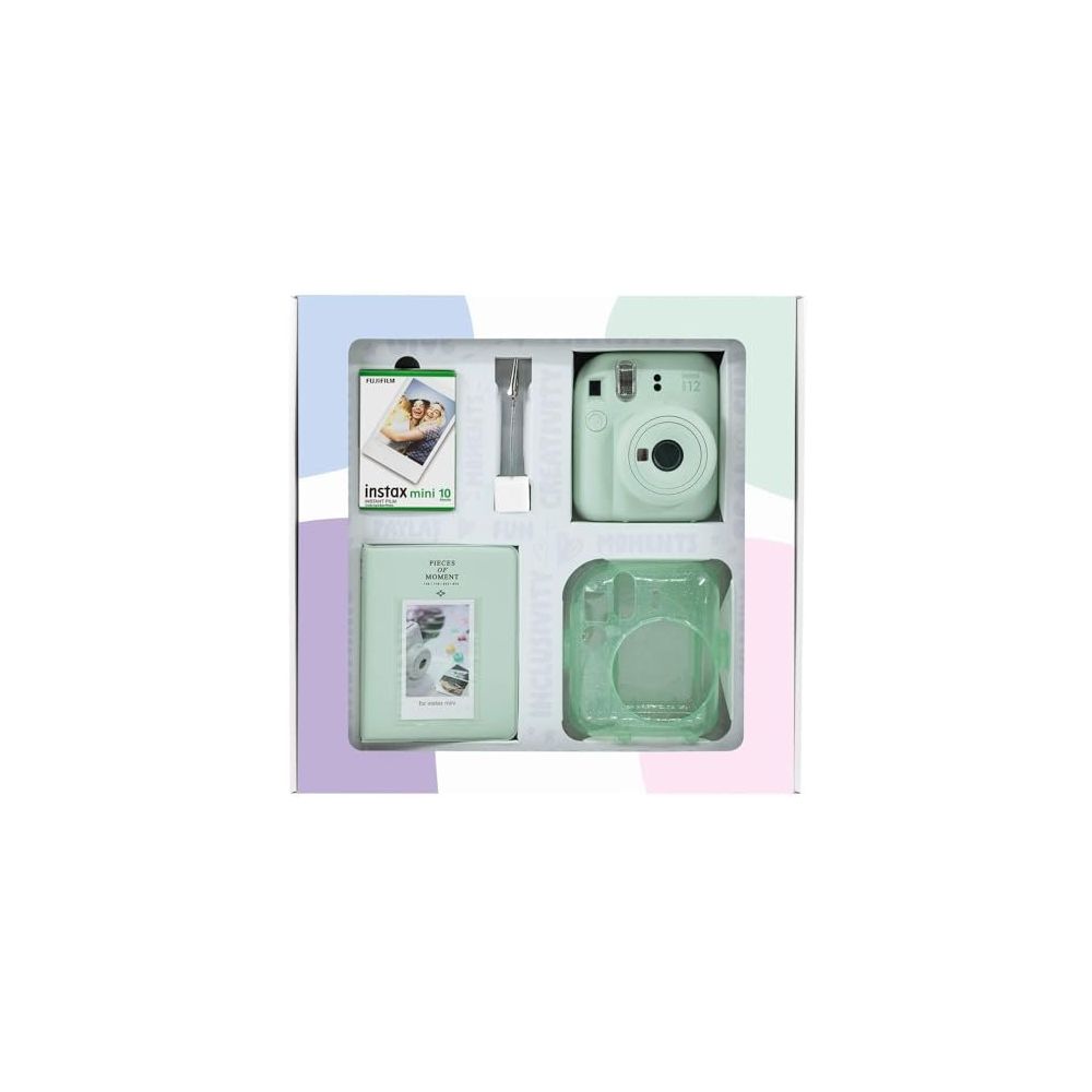 Instax Mini 12 Yeşil 10'lu Film Simli Pleksi Kılıf PVC Albüm Kıskaçlı Resim Standı Bundle Box ve Fotoğraf Makinesi