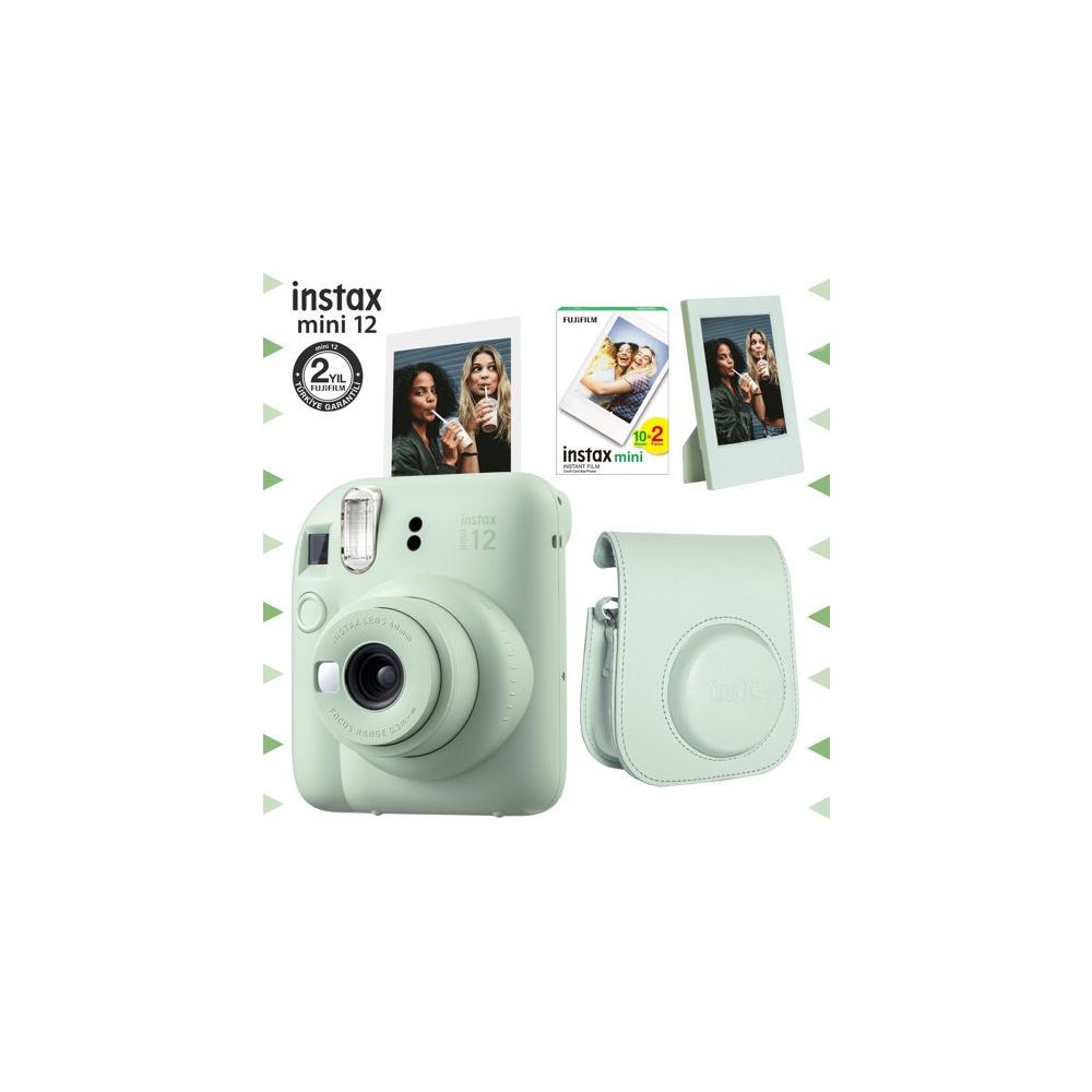 Instax Mini 12 Yeşil 20'li Film Çerçeve Deri Kılıf ve Fotoğraf Makinesi Seti