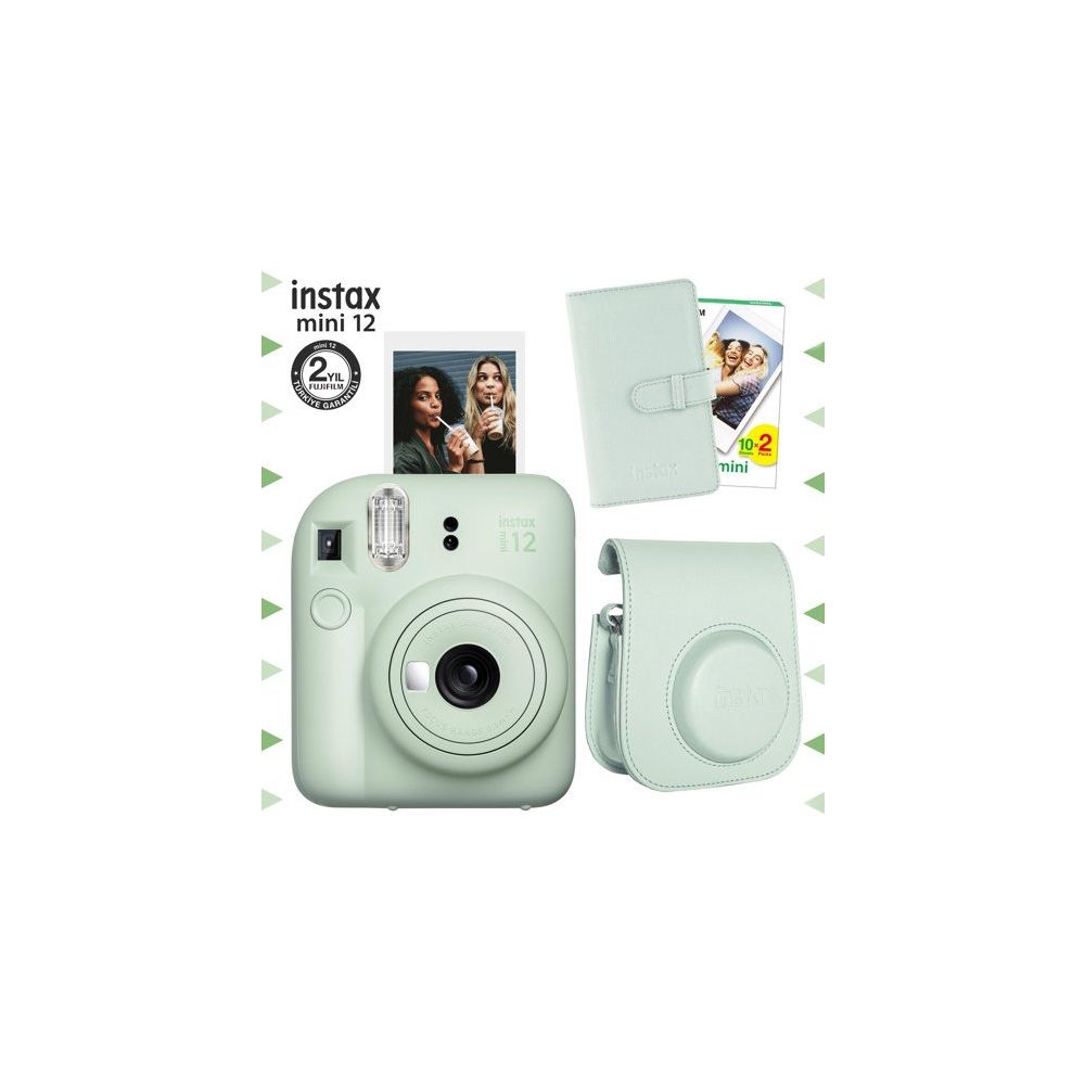 Instax Mini 12 Yeşil 20'li Film Laporta Albüm Deri Kılıf ve Fotoğraf Makinesi Seti
