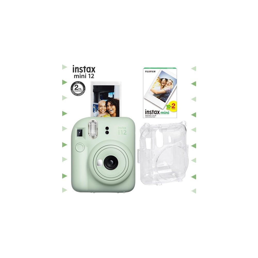 Instax Mini 12 Yeşil 20'li Film Şeffaf Kılıf ve Fotoğraf Makinesi Seti