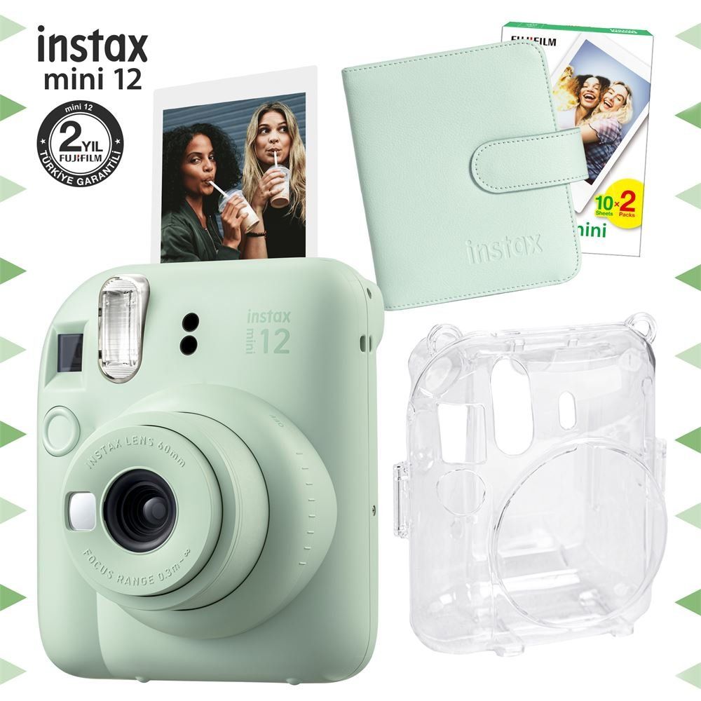 Instax Mini 12 Yeşil 20'lu Film Kare Albüm Şeffaf Kılıf ve Fotoğraf Makinesi Seti