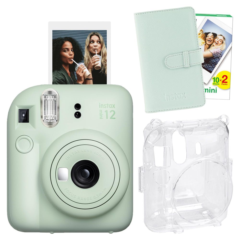 Instax Mini 12 Yeşil 20'lu Film Laporta Albüm Şeffaf Kılıf ve Fotoğraf Makinesi Seti
