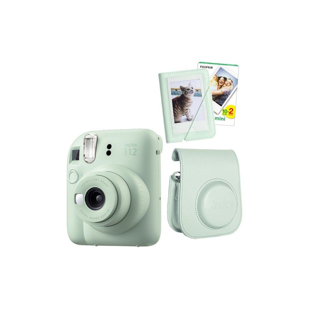 Instax Mini 12 Yeşil 20'lu Film Mini Albüm Deri Kılıf ve Fotoğraf Makinesi Seti