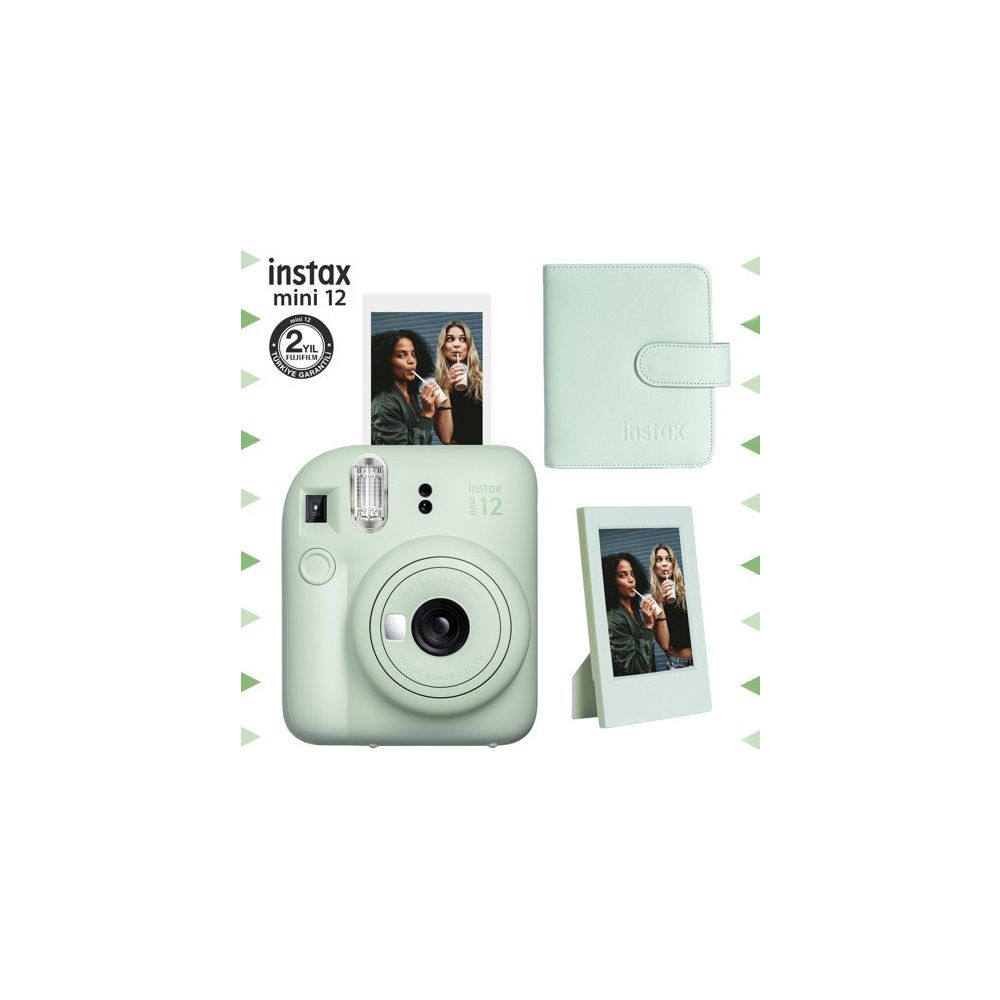 Instax Mini 12 Yeşil Çerçeve 64'lü Kare Albüm ve Fotoğraf Makinesi Seti