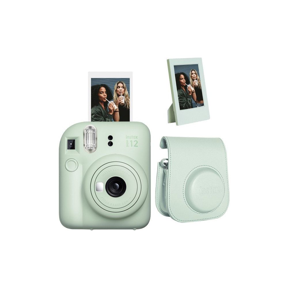 Instax Mini 12 Yeşil Çerçeve Deri Kılıf ve Fotoğraf Makinesi Seti