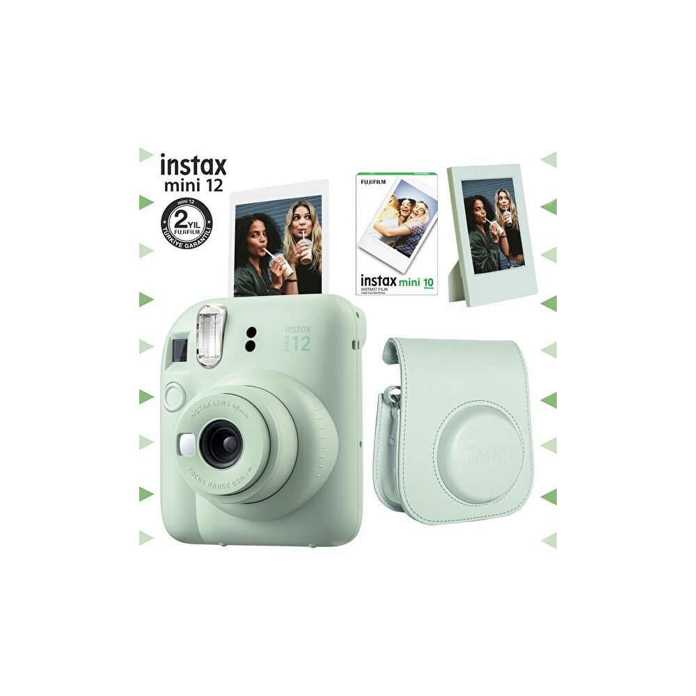 Instax Mini 12 Yeşil Fotoğraf Makinesi 10'lu Film Çerçeve ve Deri Kılıf Seti