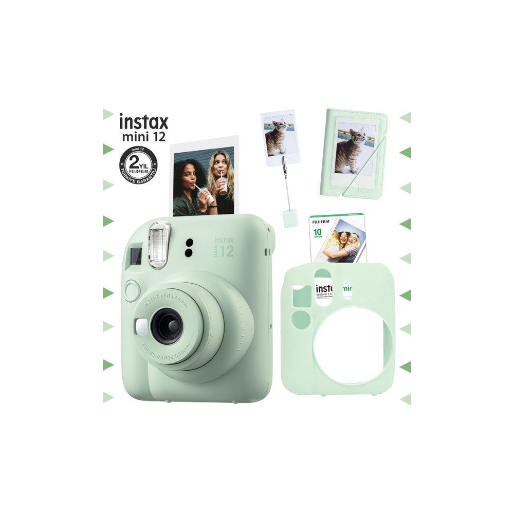 Instax Mini 12 Yeşil Fotoğraf Makinesi 10'lu Film Kıskaçlı Stand Mini Albüm ve Silikon Kılıf Seti