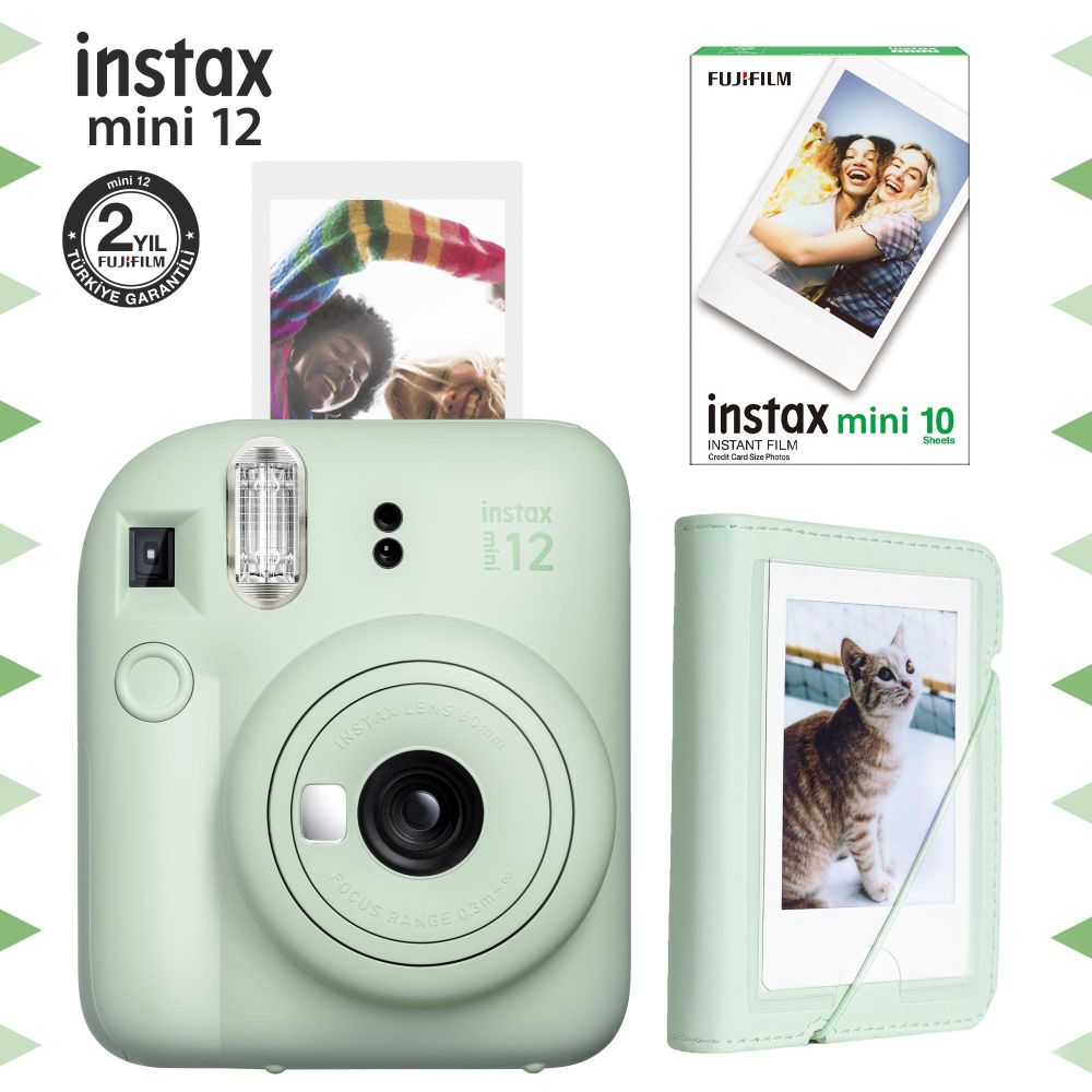 Instax Mini 12 Yeşil Fotoğraf Makinesi 10'lu Film ve Mini Albüm Seti