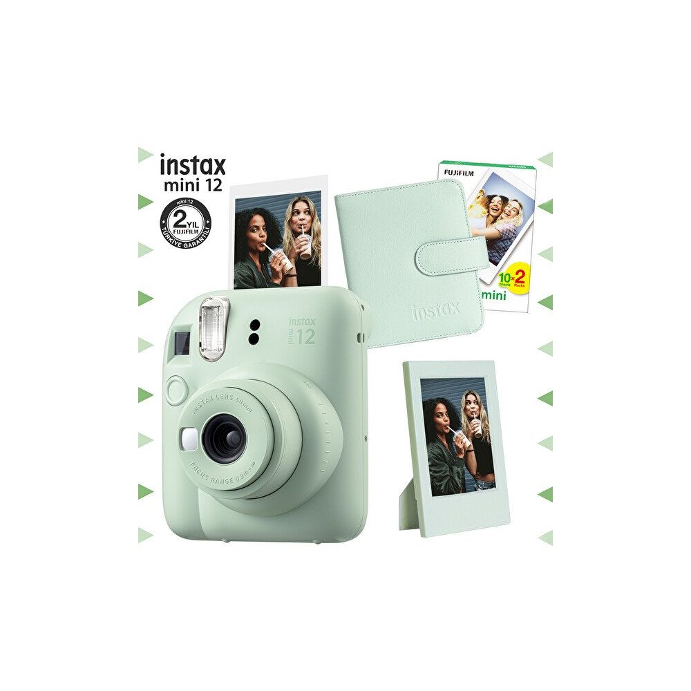 Instax Mini 12 Yeşil Fotoğraf Makinesi 20'li Film Çerçeve ve Kare Albüm Seti