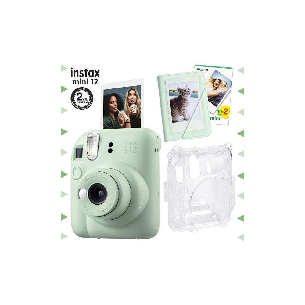Instax Mini 12 Yeşil Fotoğraf Makinesi 20'li Film Mini Albüm ve Şeffaf Kılıf Seti
