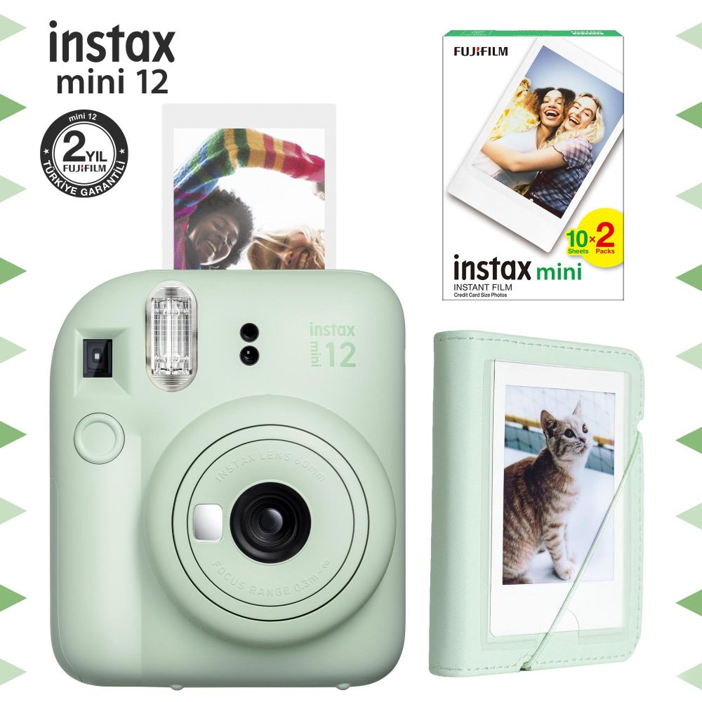 Instax Mini 12 Yeşil Fotoğraf Makinesi 20'li Film ve Mini Albüm Seti