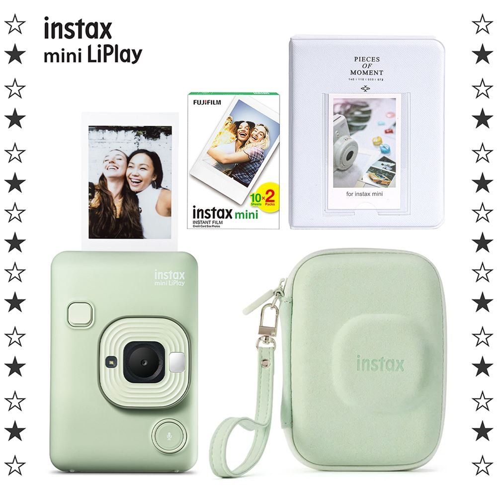 Instax Mini LiPlay Matcha Green 20'li Film Albüm Çanta ve Fotoğraf Makinesi Hediye Seti