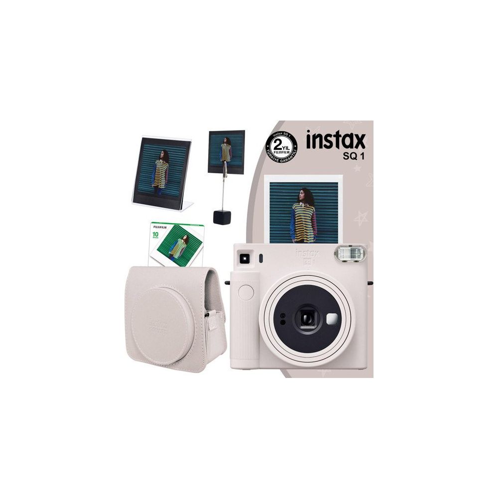 Instax SQ1 Beyaz 10'lu Kare Film Deri Kılıf Pleksi Çerçeve Kıskaçlı Stand ve Fotoğraf Makinesi