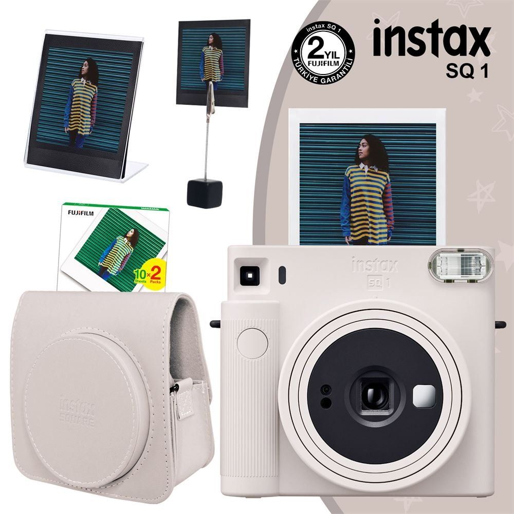 Instax SQ1 Beyaz 20'li Kare Film Deri Kılıf Pleksi Çerçeve Kıskaçlı Stand ve Fotoğraf Makinesi