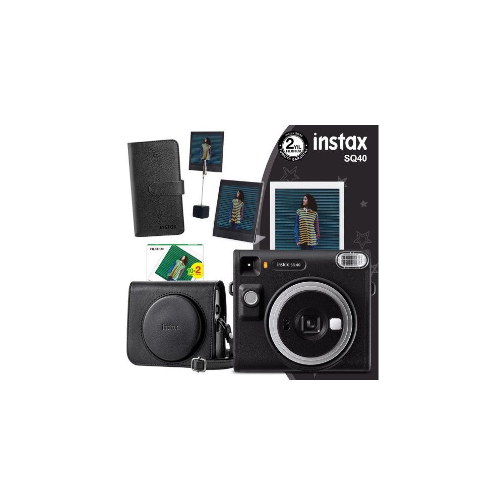 Instax SQ40 Siyah 20'li Kare Film Deri Kılıf Albüm Pleksi Çerçeve Kıskaçlı Stand ve Fotoğraf Makinesi