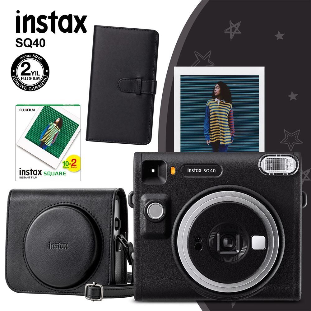 Instax SQ40 Siyah 20'li Kare Film Deri Kılıf Siyah Albüm ve Fotoğraf Makinesi