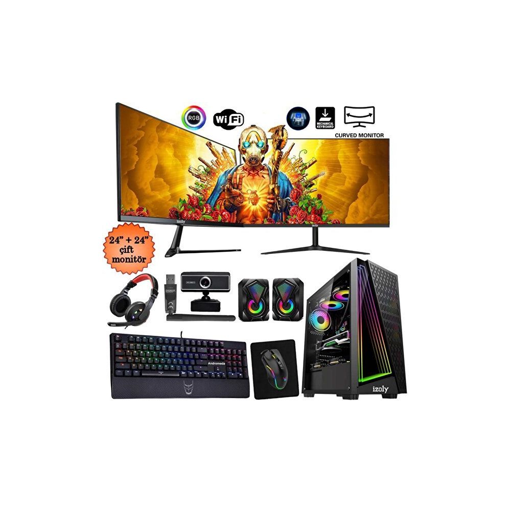 İzoly Twitch i5-10400F 16GB RAM 512GB SSD RX 550 FreeDOS 24 inç Dual Monitör Oyun Bilgisayarı