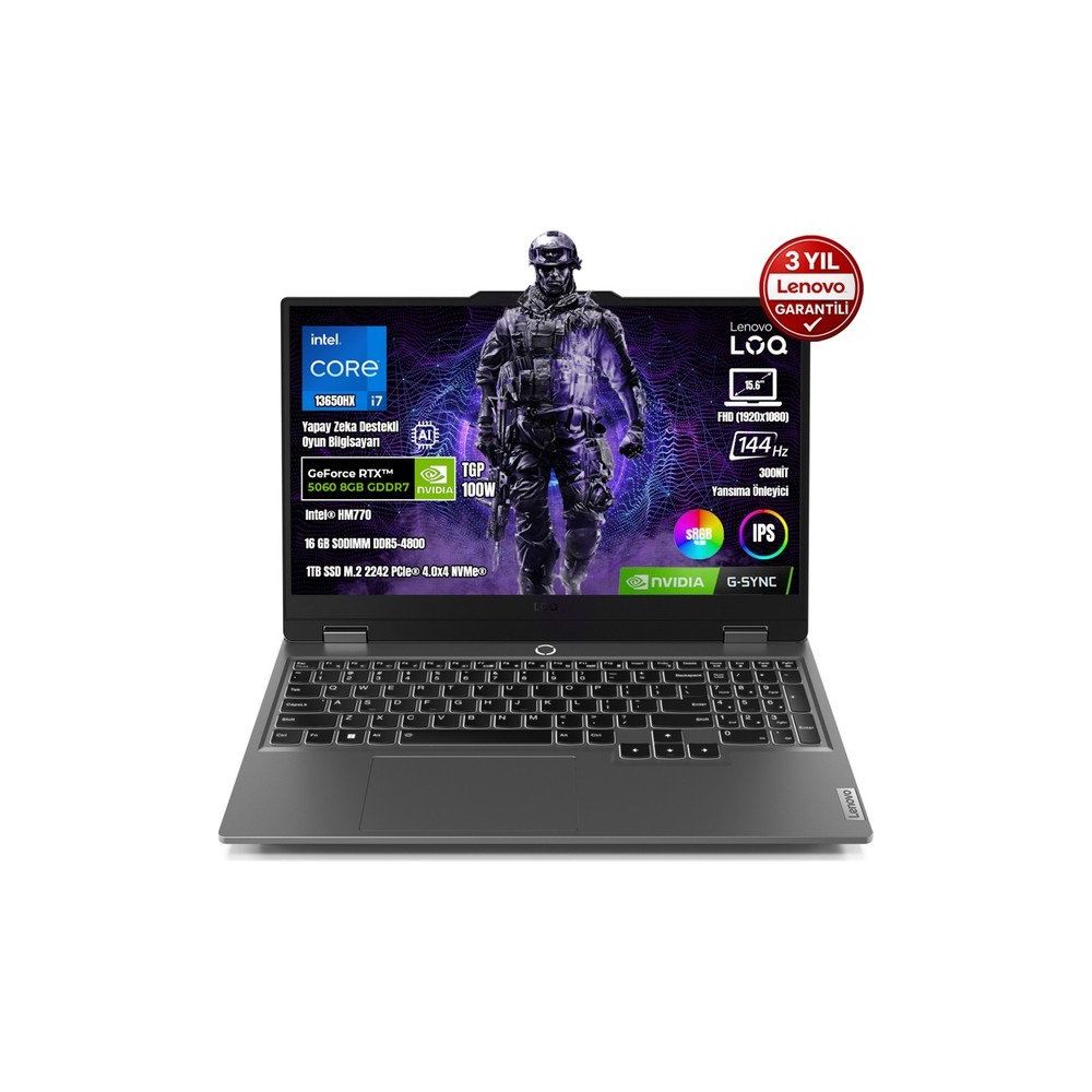 Lenovo LOQ 15IRX10 83JE00JQTR i7-13650HX 16GB RAM 1TB SSD RTX 5060 FreeDOS 15.6 inç Oyun Bilgisayarı