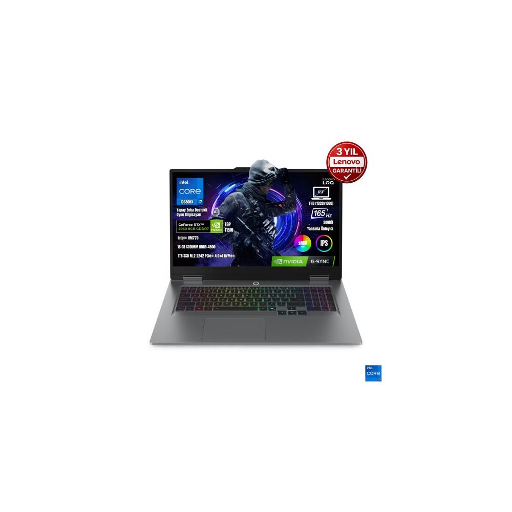 Lenovo LOQ 17IRX10 83JH00CNTR i7-13650HX 16GB RAM 1TB SSD RTX 5060 FreeDOS 17.3 inç Oyun Bilgisayarı