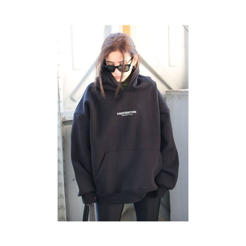Madmext MG1287 Kadın Mad Girls Siyah Baskılı Oversize Sweatshirt