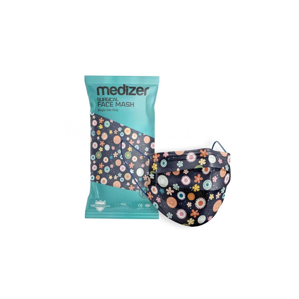 Medizer 3 Katlı Meltblown Kumaş 10x30 Burun Telli Lacivert Çiçek