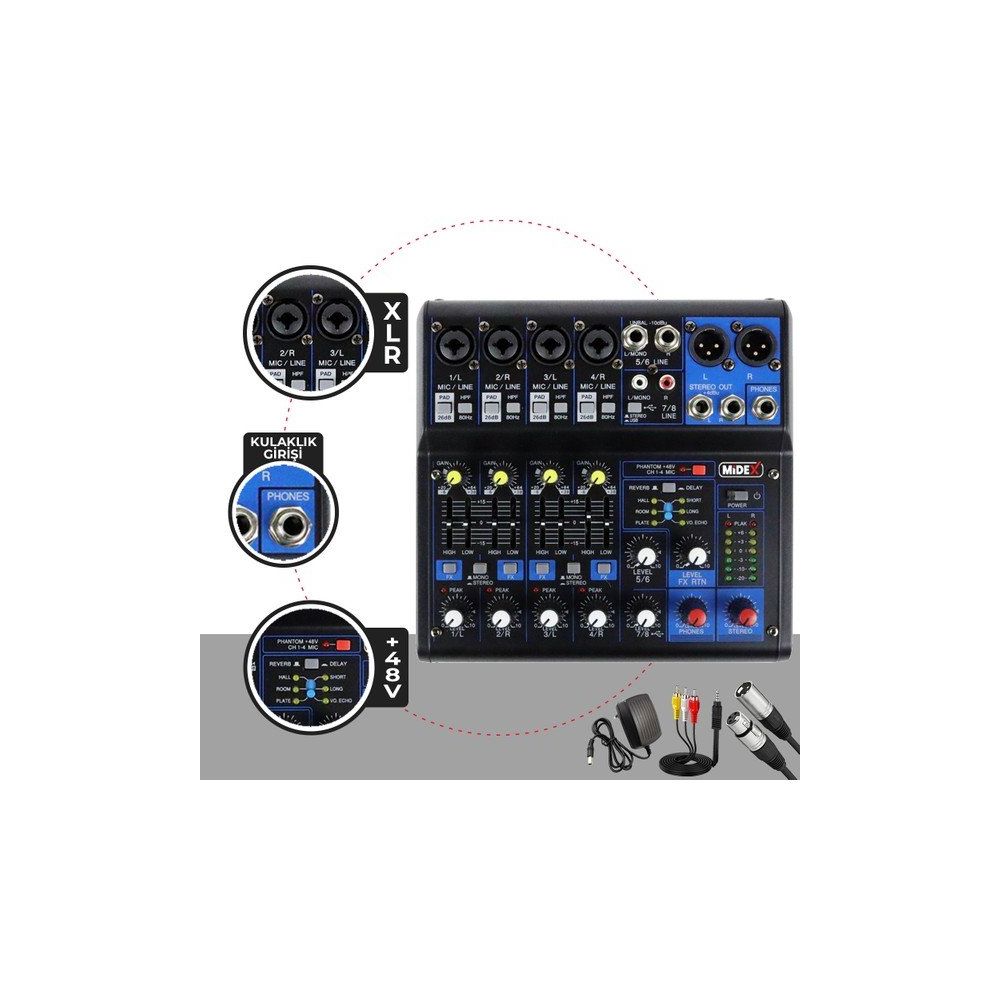 Midex Mdx-06Fxu Stüdyo Kayıt İçin 6 Kanal Ses Kartlı +48V