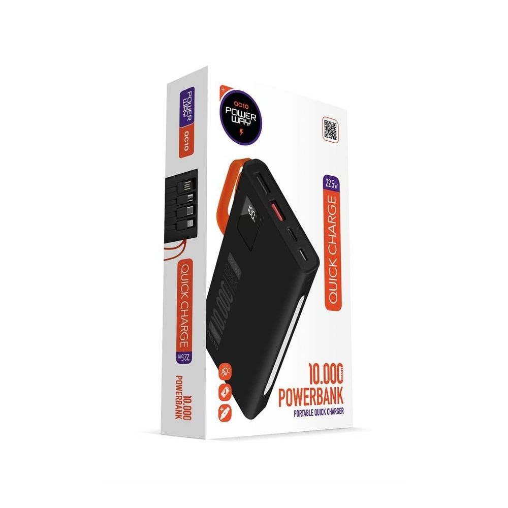 Powerway QC10 Siyah 10.000 Mah PD 22.5 W Dahili Kablolu Hızlı Şarj Led Işıklı Powerbank