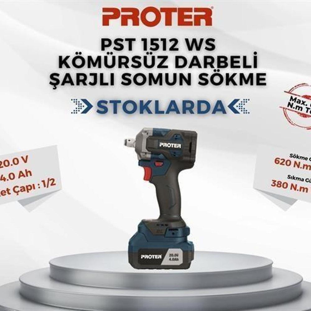 Proter PST 1512 WS Kömürsüz 20V 4.0 Ah Darbeli Şarjlı Somun Sökme