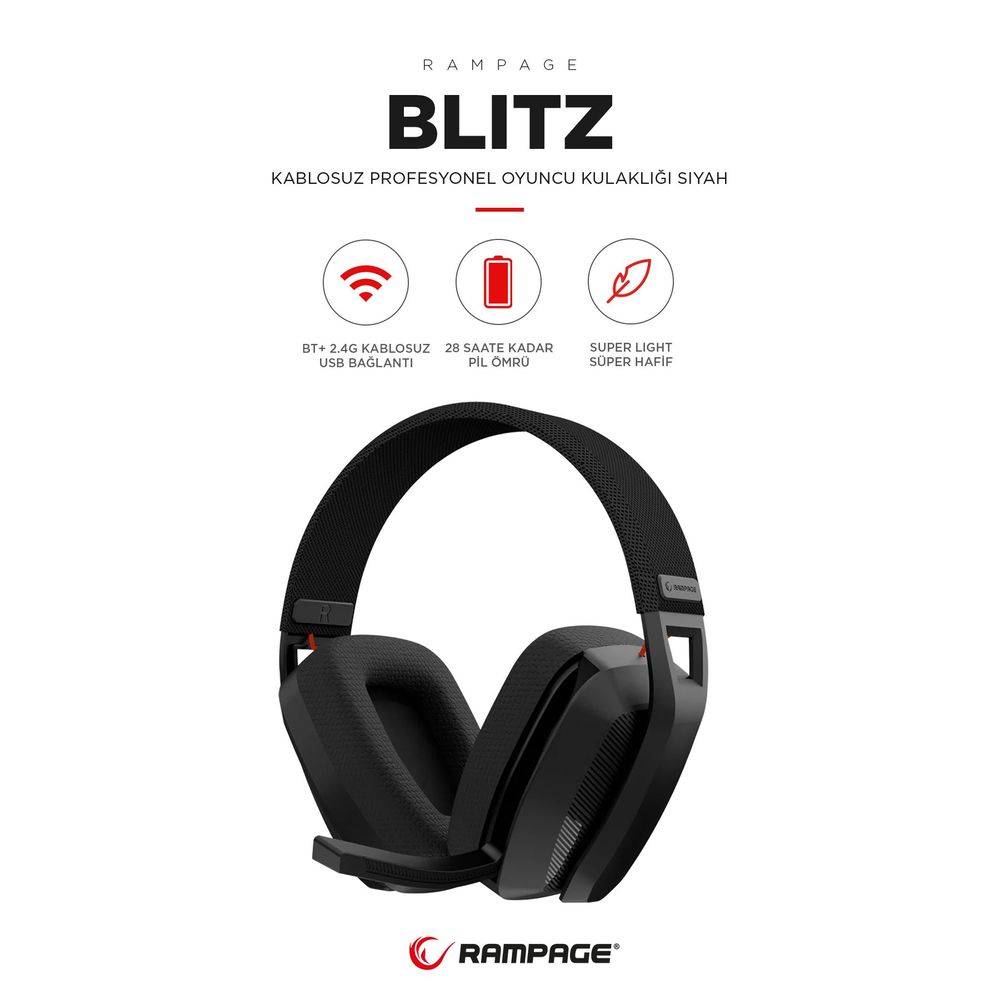 Rampage Blıtz Wireless 2.4G+ Bluetooth Mikrofonlu Kablosuz Siyah Oyuncu Kulaklığı