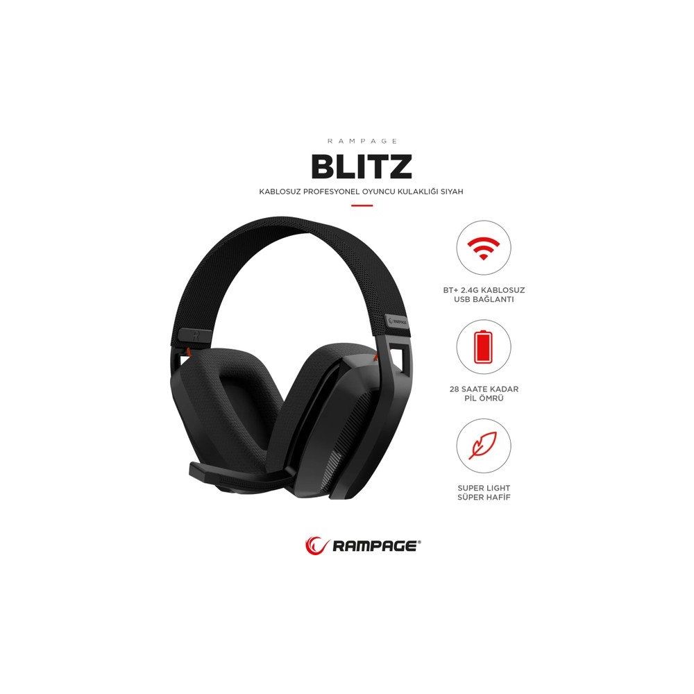 Rampage Blitz Wireless 2.4g+ Bluetooth Mikrofonlu Siyah Oyuncu Kulaklığı