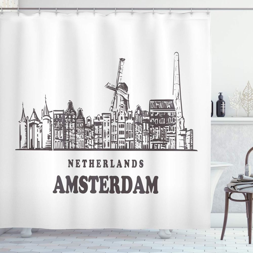 Rengirenk Sehir Amsterdam Koy Evleri Ve Yel Degirmeni Cizimi Koyu Gri Beyaz 200x180 Cm Dus Perdesi Fiyatlari