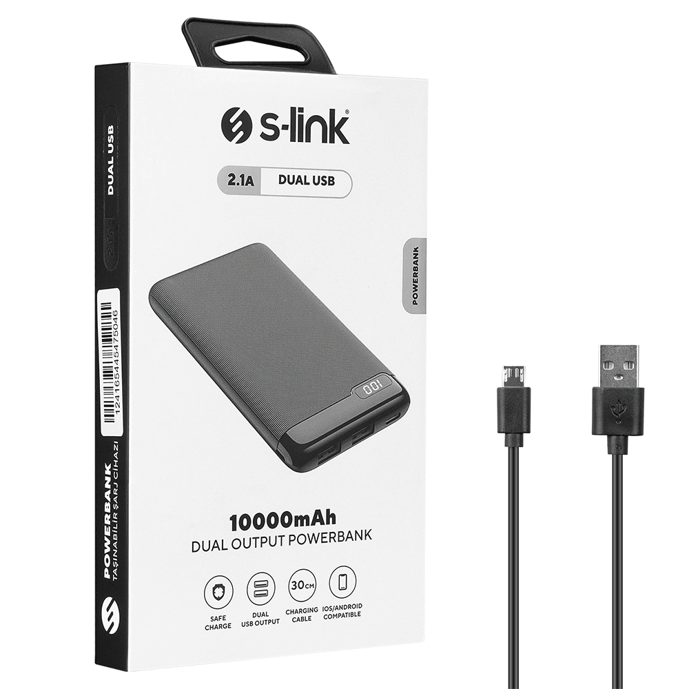 S-Link IP-K11 Siyah 10000 mah 2-USB+Micro+Type-C LCD Ekranlı Taşınabilir Pil Şarj Cihazı