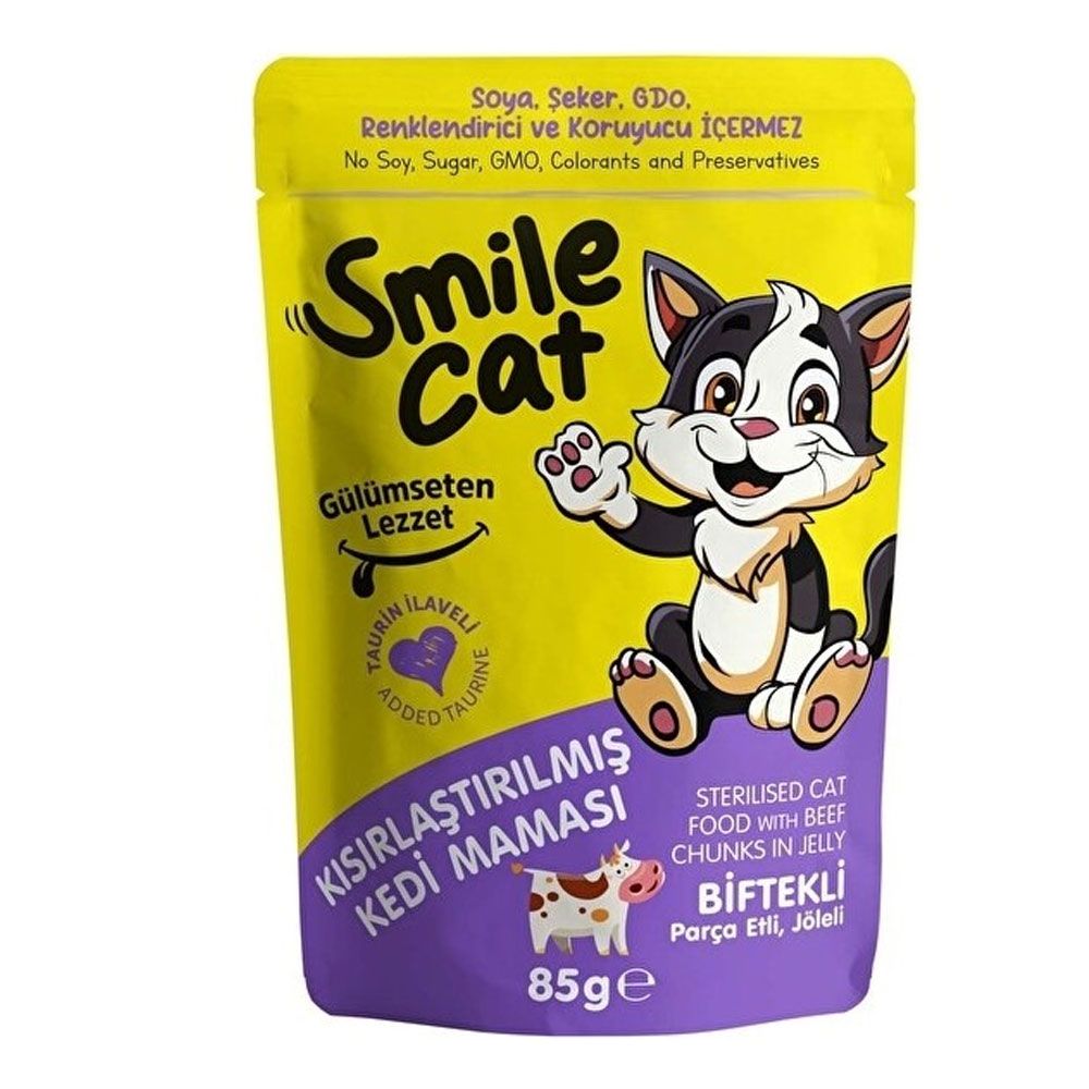 SMİLE CAT KISIRLAŞTIRILMIŞ KEDİ MAMASI BİFTEKLİ PARÇA ETLİ JÖLELİ 85GR