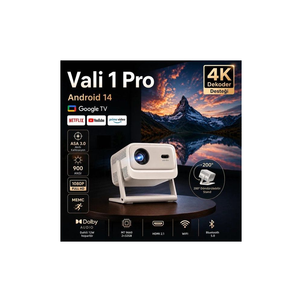 Wanbo Vali 1 900 Lümen Full HD Android Projeksiyon Cihazı