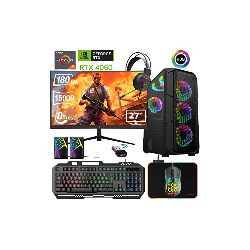 Xaser XSR480 Ryzen 5 5600 32GB RAM 512GB SSD 8GB RTX 4060 FreeDOS 27 inç Monitör Oyun Bilgisayarı