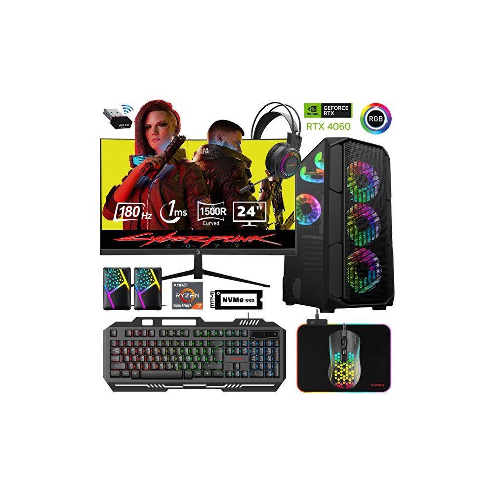 Xaser XSR487 Ryzen 7 5700X 16GB RAM 1TB SSD 8GB RTX 4060 FreeDOS 24 inç Monitör Oyun Bilgisayarı