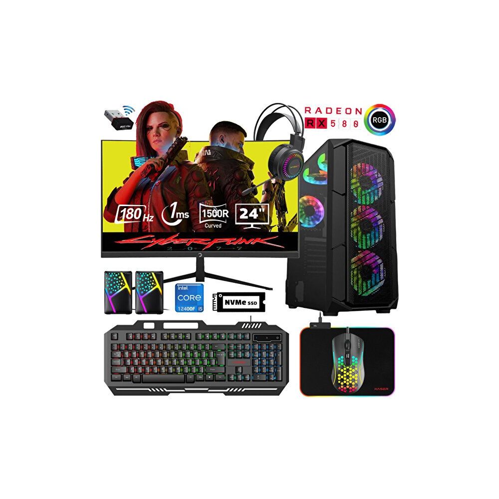 Xaser XSR524 i5-12400F 32GB RAM 512GB SSD 8GB RX 580 FreeDOS 24 inç Monitör Oyun Bilgisayarı