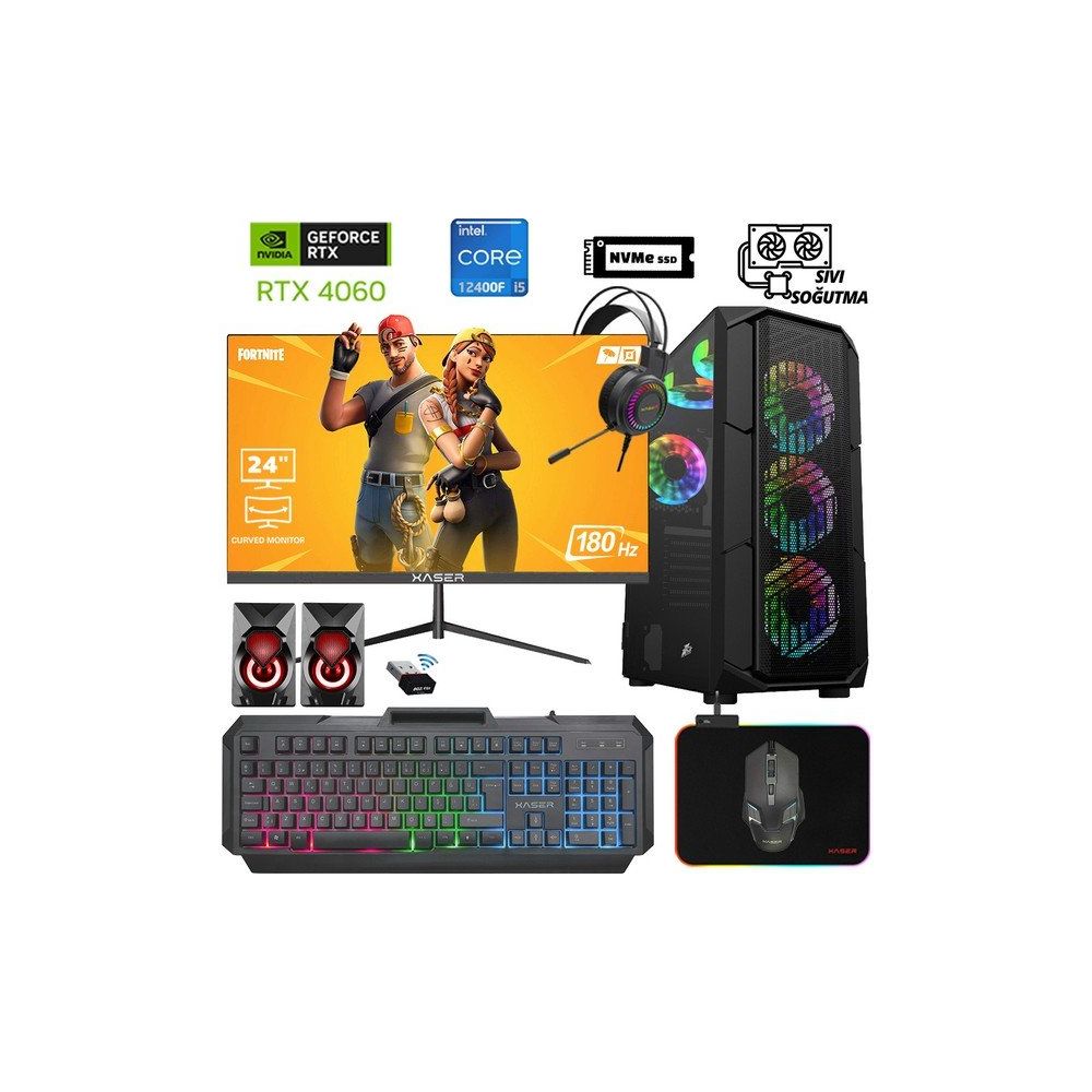 Xaser XSR986 i5-12400F 16GB RAM 512GB SSD 8GB RTX 4060 FreeDOS 23.8 inç Monitör Oyun Bilgisayarı
