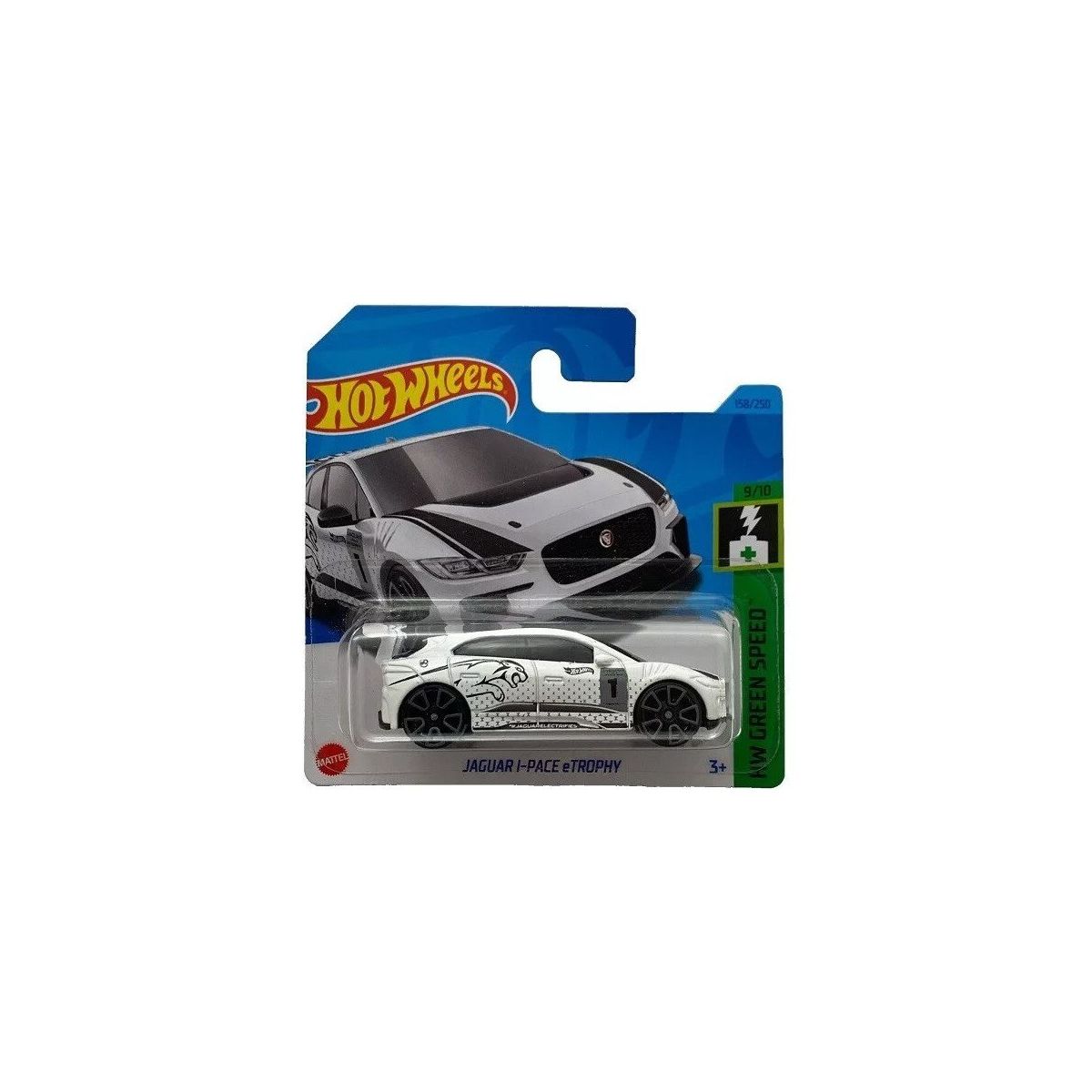 Hot Wheels Jaguar I-Pace ETrophy – HW Green Speed 9/10, Black 1:64 Die-Cast Car 158/250