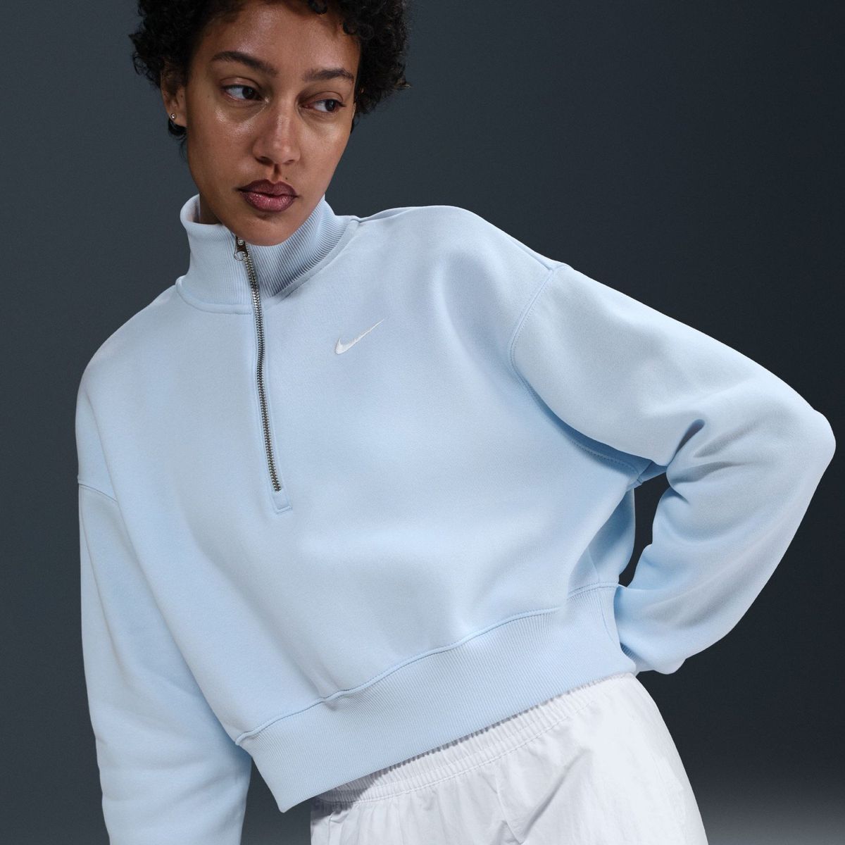 Nike DQ5767-423 Phoenix Fleece QZ Crop Mavi Kadın Sweatshirt