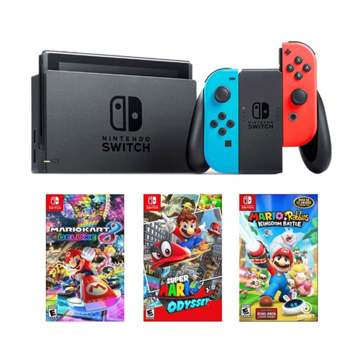 Nintendo Switch Neon Red Blue + Super Mario Odyssey + Mario