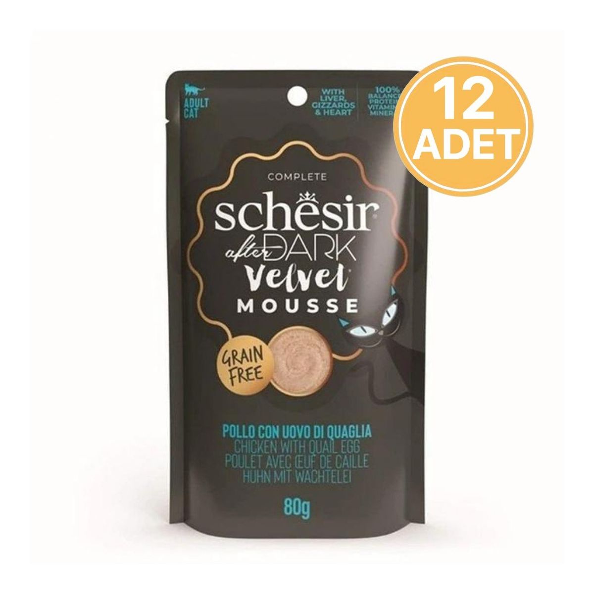 Schesir After Dark Mousse Nassfutter Für Katzen, 12x80 G – Huhn Mit Ente, Getreidefrei, Weiche Textur