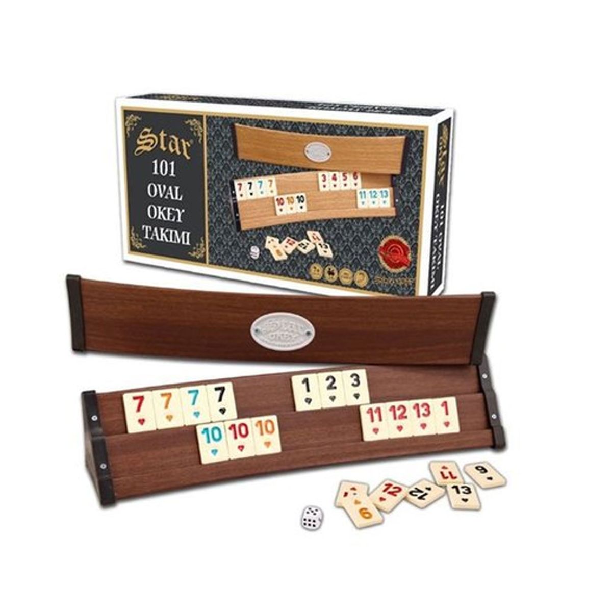 Rommé Star Okey Takimi - Set Gioco Rummy In Legno Con 106 Pietre In Melamina E Dadi - Ovale - Gioco Da Tavolo Strategico