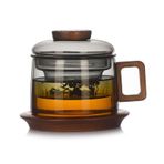 نارات الجاتتتيل 209 ml Demlik ve Kapaklı Küçük Cam Çay Bardağı, Ahşap Saplı ve Bardak Altlığı ile Berrak Borosilikat