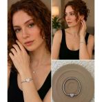 ? Premium Gümüş Renk Parlak Taş Ve Kalp Detaylı Gümüş Renk Charm 316L Çelik Bileklik (~18Cm)
