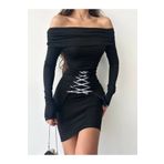 02Lady Fashion Korse Detaylı Siyah Mini Elbise