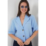 0706 Crop Keten Ceket - Mavi - 36