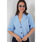 0706 Crop Keten Ceket - Mavi - 42