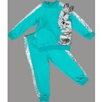1-2-3 Yaş Payetli Pelüş Tavşan Desenli Likra Penye Kumaş Sweat Pantolonlu Kız 2li Çocuk Takımı Mint